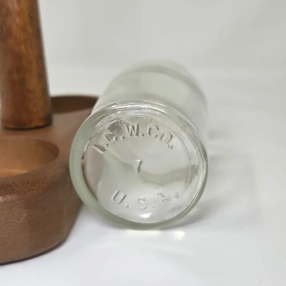 US Plywood Corp Clear Glass Salt and Pepper Shakers Wood Stand Cruet Set Unused